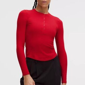 NWT Lululemon Hold Tight Long Sleeve Henley Red Ribbed Top Long Sleeve Button-Up